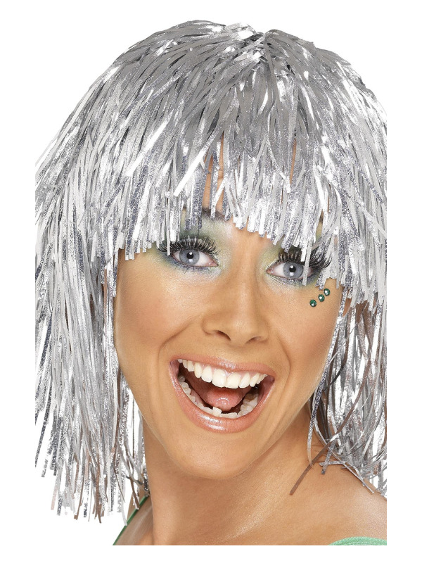 Cyber Tinsel Wig, Silver, Metallic