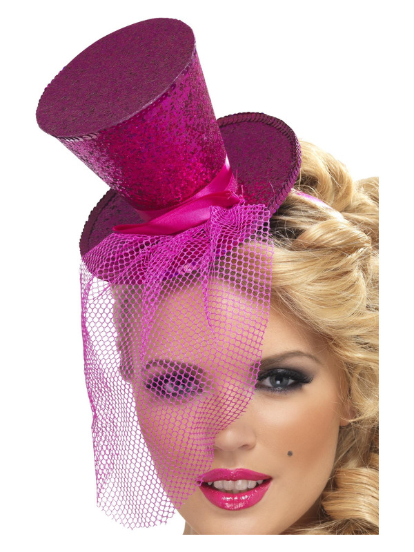 Fever Mini Top Hat on Headband, Hot Pink, with Detachable Netting