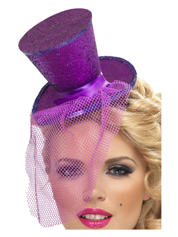 Fever Mini Top Hat on Headband, Purple, with Detachable Netting