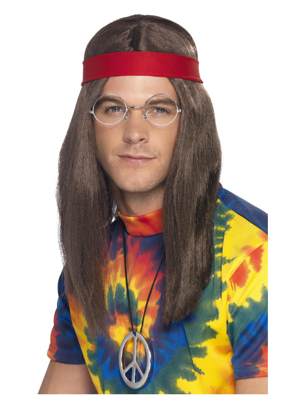 Hippie Man Kit, Brown, with Wig, Specs, Medallion & Headband