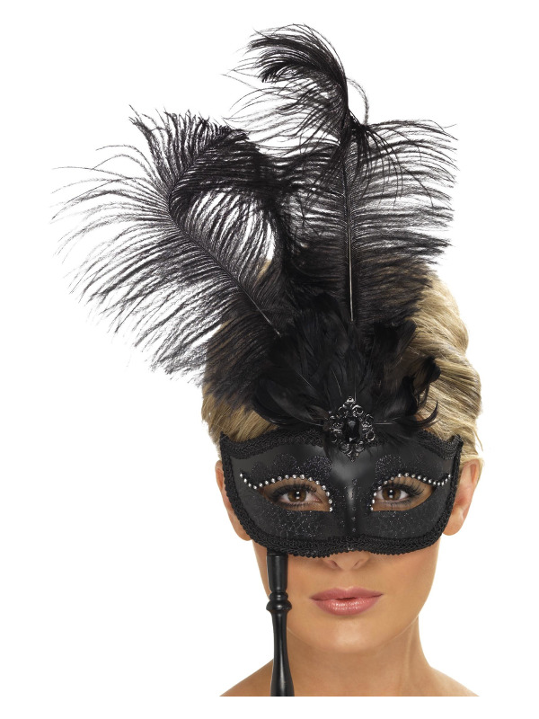 Baroque Fantasy Eyemask, Black, with Feathers and Handle