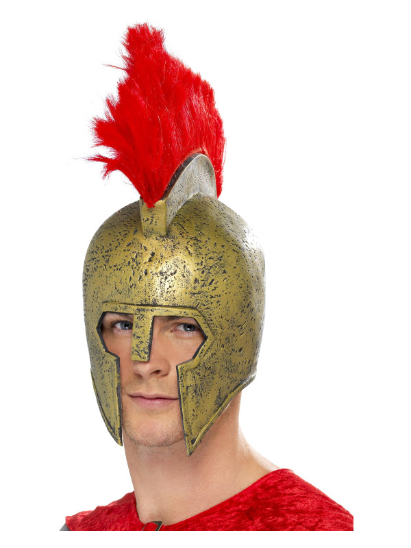 Perseus Gladiator Helmet, Gold, with Red Plume, Latex