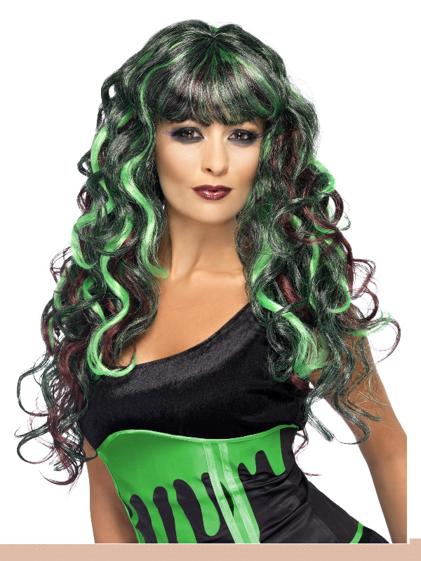 Monster Wig, Black & Green, Long Curly with Fringe