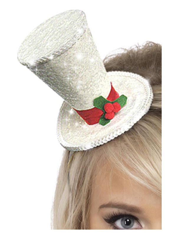 Mini Top Hat, White, with Glitter, on Headband