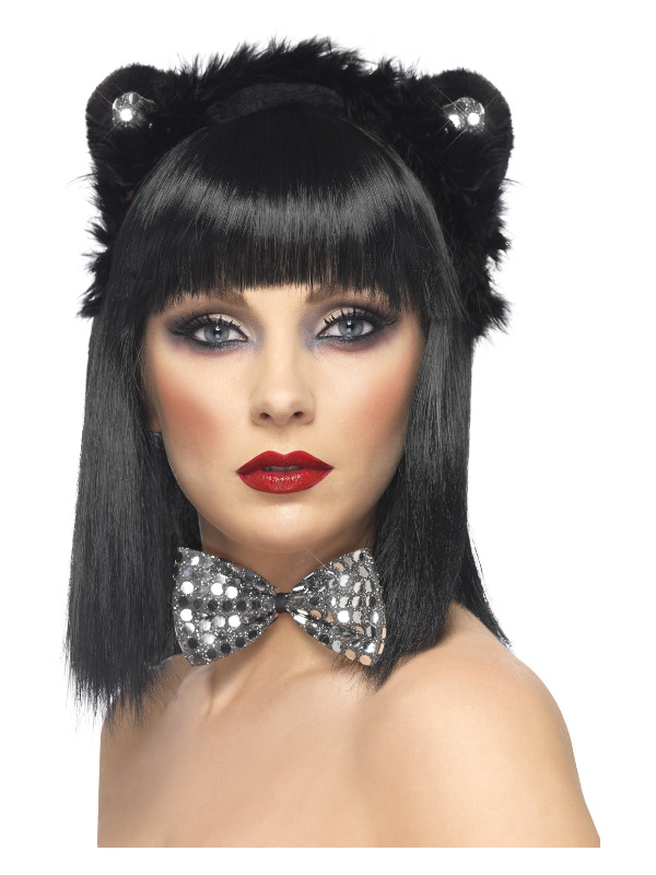 Cat Set, Black, Sequinned, with Ears & Bowtie