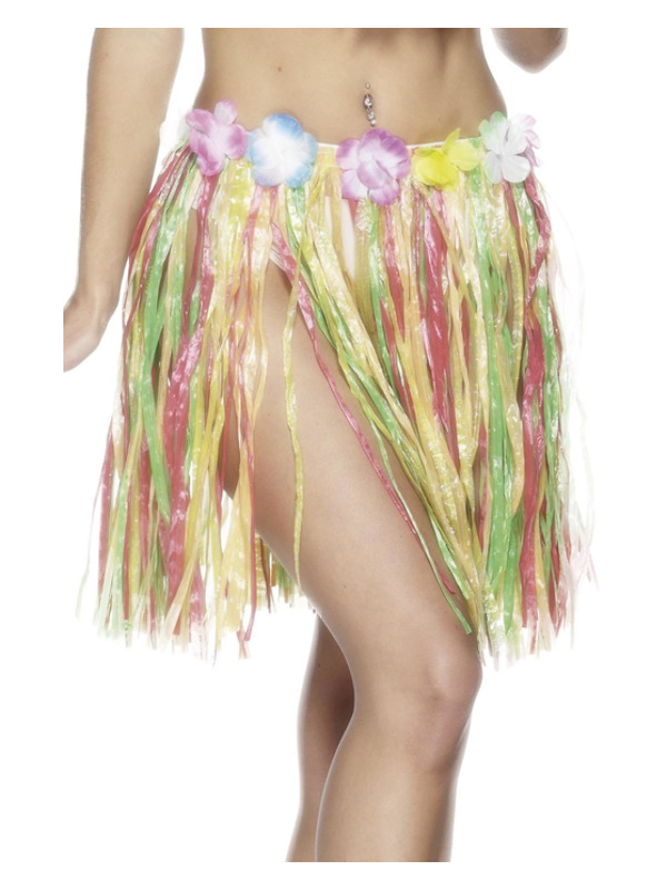 Hawaiian Hula Skirt, Multi-Coloured, with Flowers, Elasticated Waist, 46cm/18 inches