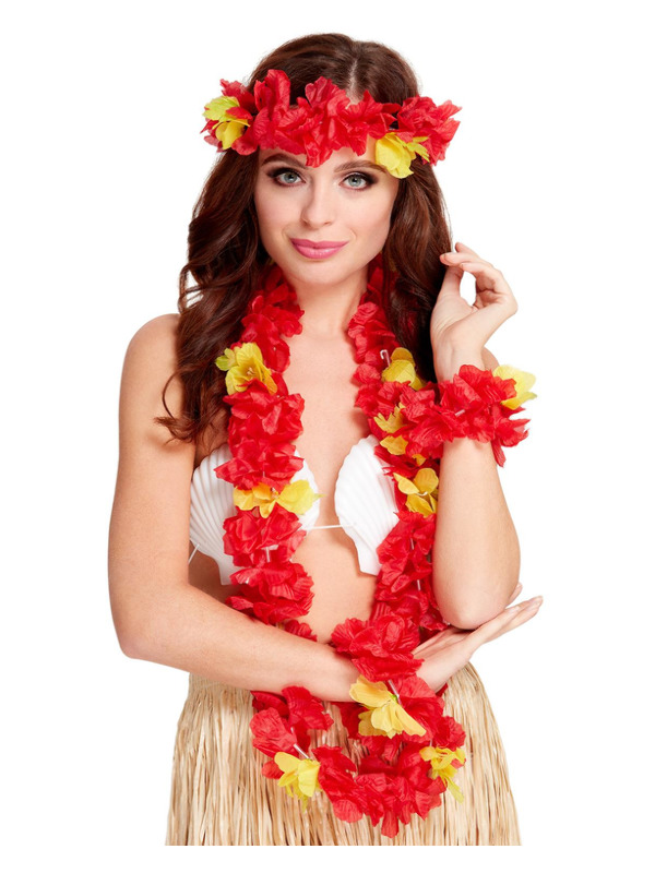 Hawaiian Set, Red, with Garland, Headband and Wristband