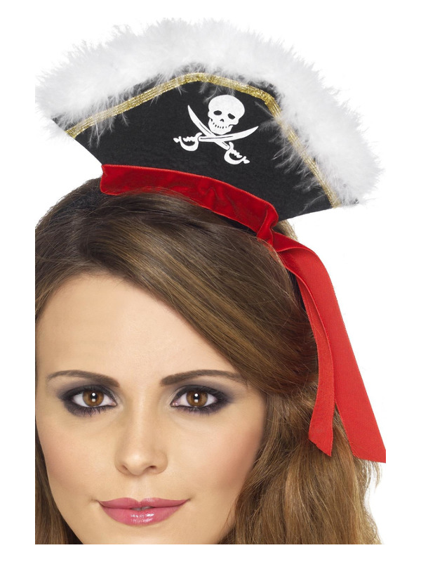 Mock Pirate Hat on Headband, Black, with Marabou