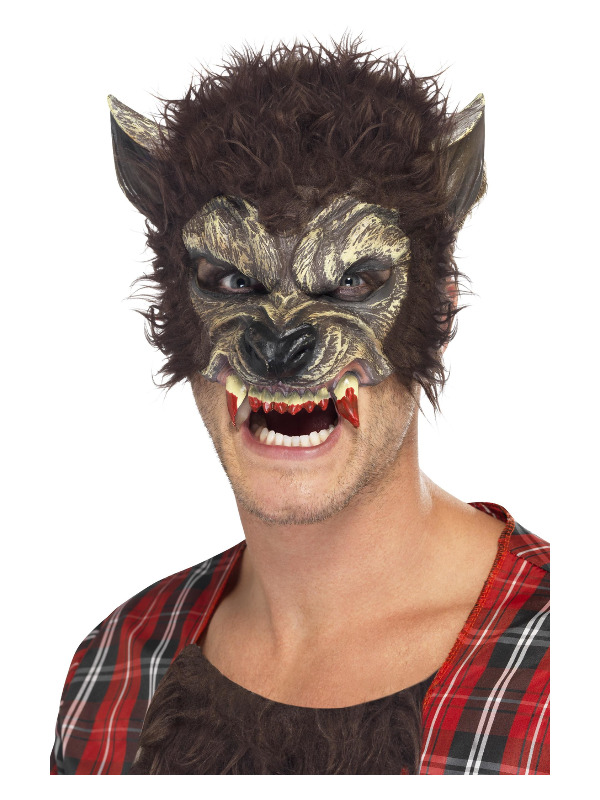 Werewolf Half Face Latex Mask, Brown, with Fur & Teeth