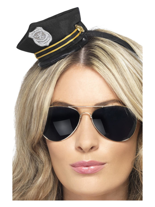 Mini Cop Hat, Black, with Badge and Rope Detail