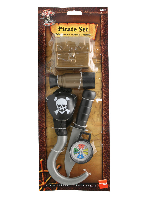 Pirate Set with Compass, Brown, Hook, Knife, Eyepatch, Telescope and Chest