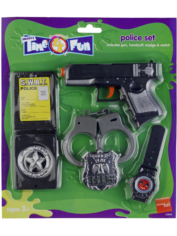 Police Set, Black, with Gun, Handcuffs, Badges & Watch