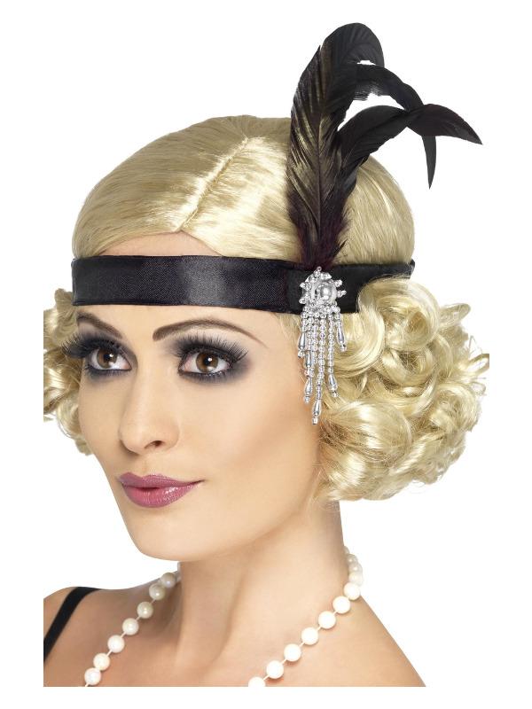 Black Satin Charleston Headband, Black, with Feather and Jewel Detail