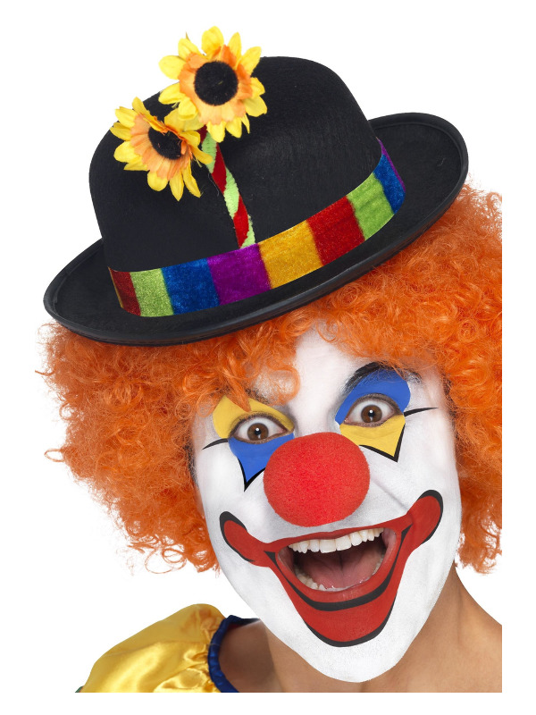 Clown Bowler, Black, with Multi Colour Band & Flower