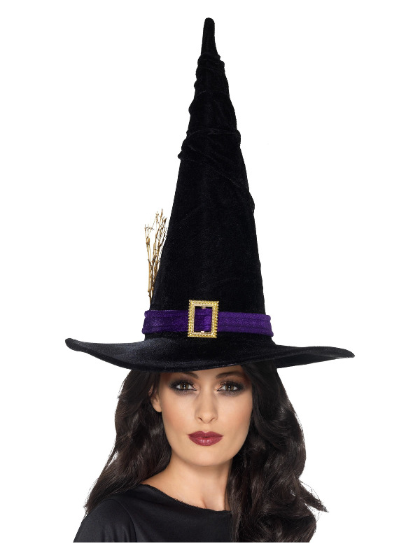 Witch Hat Black with Purple Belt, Black, with Buckle and Twigs