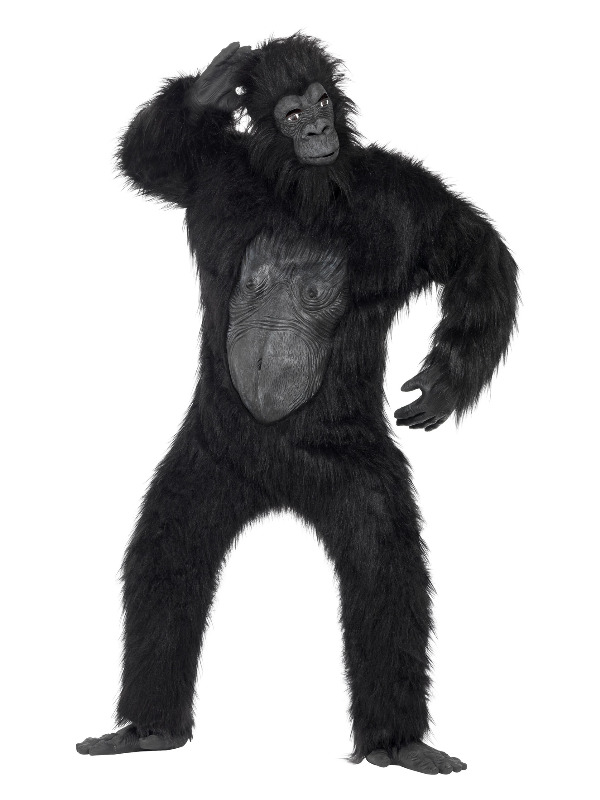 Deluxe Gorilla Costume, Black, Bodysuit with Rubber Chest, Mask, Hands and Feet