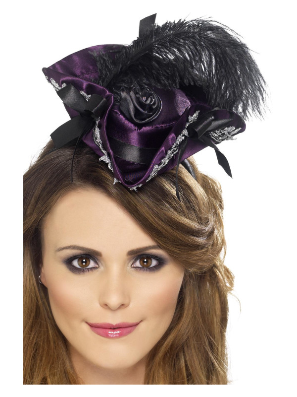 Miniature Pirate Hat on Headband, Purple, with Feather and Rose