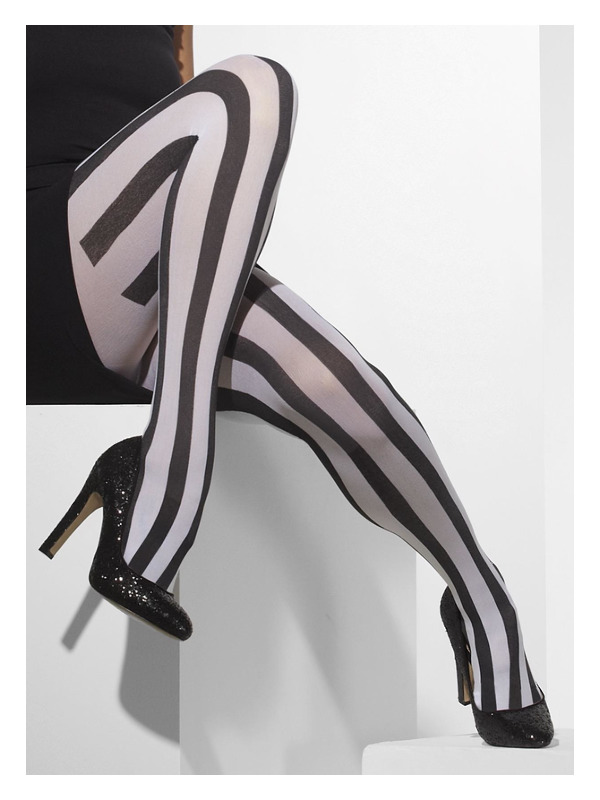 Opaque Tights, Black & White, Vertical Stripes