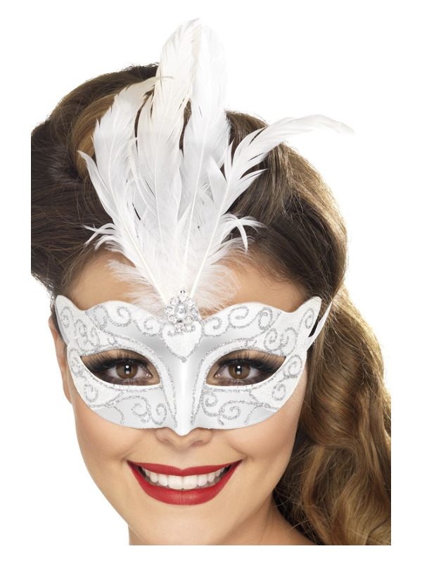 Venetian Glitter Eyemask, Silver, with Feathers