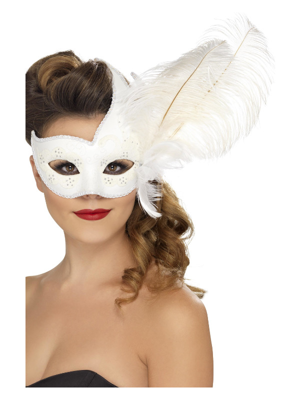 Ornate Columbina Eyemask, White, with Feather