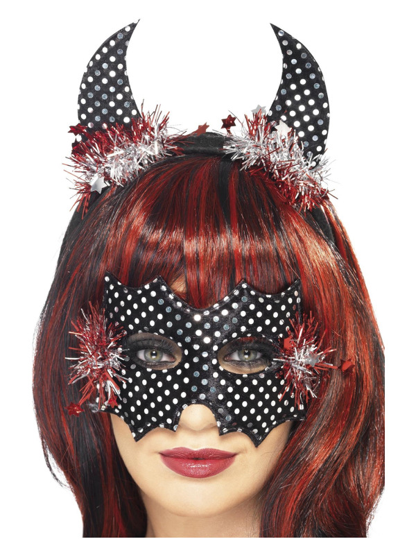 Devildina Mask and Horns Set, Black & Silver