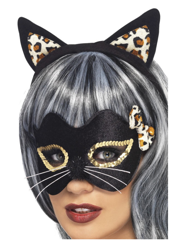 Midnight Kitty Eye Mask & Ear Set, Black, with Leopard Print & Gold Applique