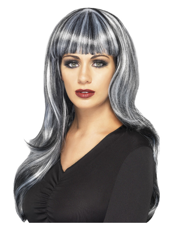 Sinister Siren Wig, Black & Grey, Long, Wavy with Fringe & Grey Streaks