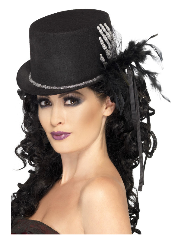 Top Hat, Black, with Skeleton Hand, Feathers & Ribbons