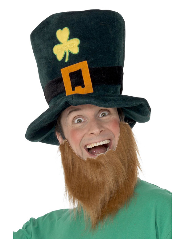 Leprechaun Hat, Green, with Shamrocks, Buckle and Attached Ginger Beard