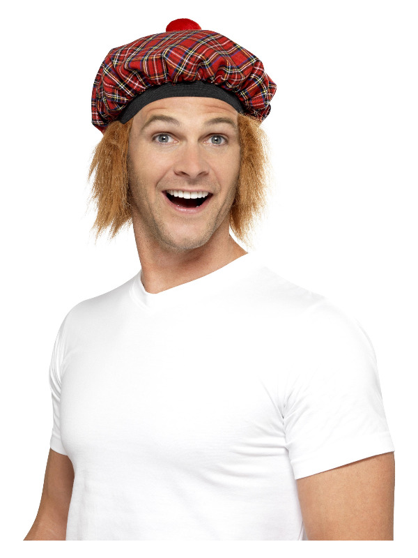 Tam-O-Shanter Tartan Hat, Red, with Hair and Pom Pom