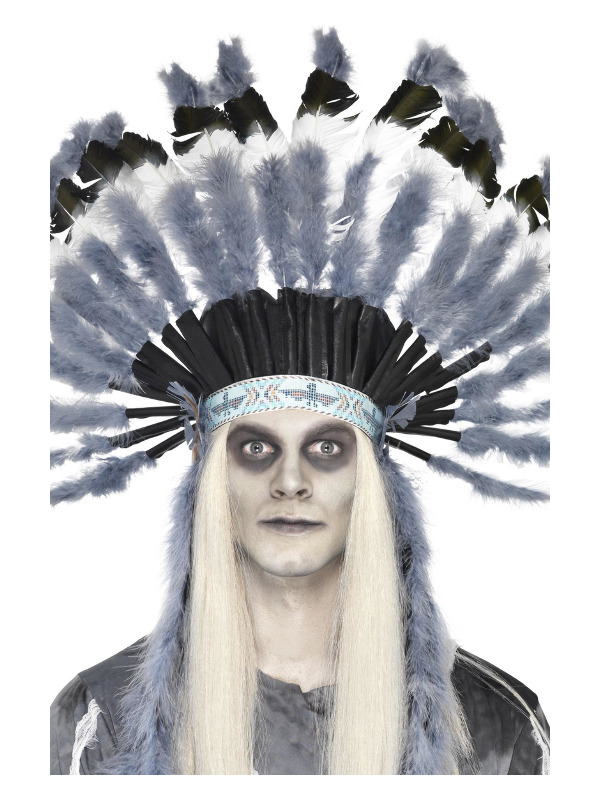 Ghost Town Indian Style Headdress, Grey & Black, with Grey Feathers