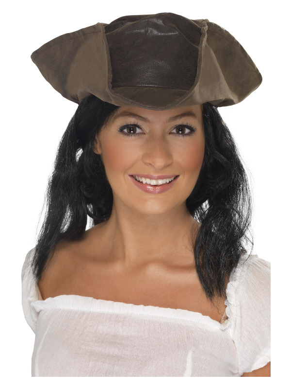 Leather Look Pirate Hat, Brown, with Black Hair