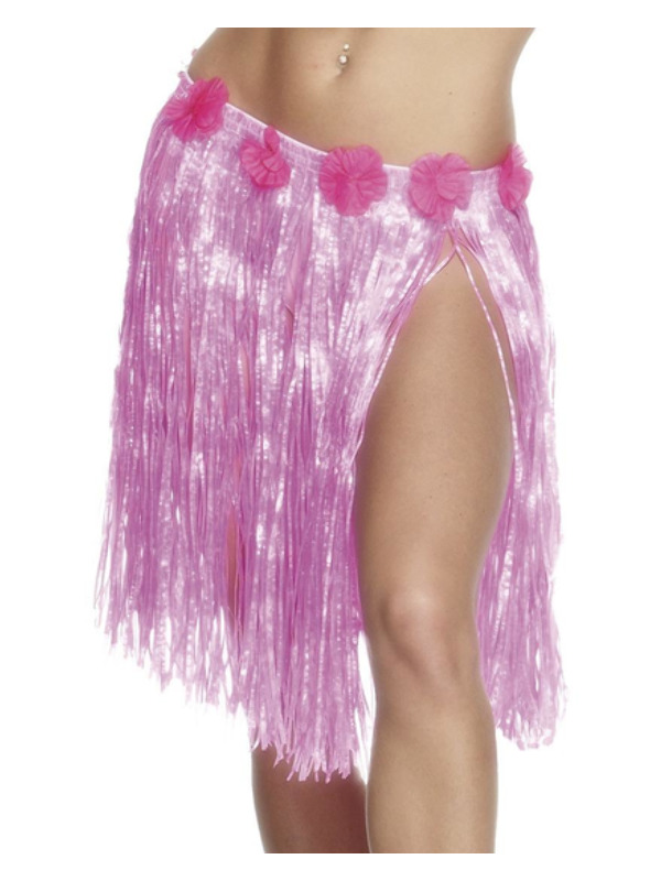 Hawaiian Hula Skirt, Neon Pink, with Flowers, Elasticated Waist, 46cm/18 inches