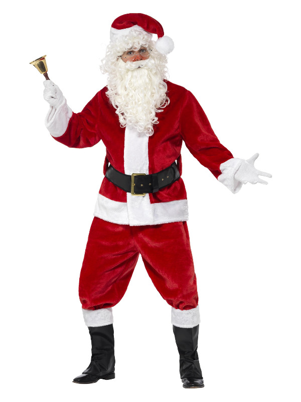 Deluxe Santa Costume & Hat, Red, with Jacket, Trousers, Belt, Gloves & Boot Covers