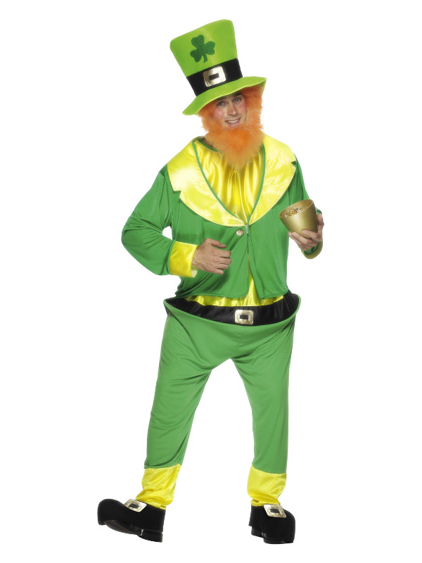 Leprechaun Costume, Green, with Jumpsuit, Jacket, Hat and Ginger Beard