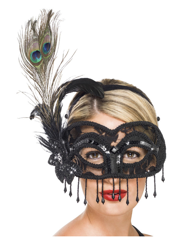 Colombina Lace Eye Mask, on a Headband, Black, with Peacock Feather, Tassels and Flower