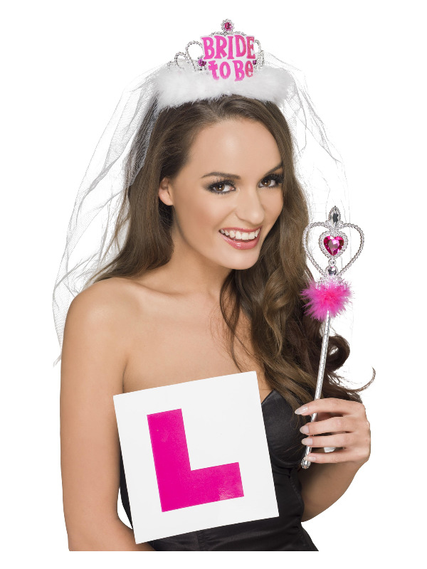Hen Party Kit, Pink & White, with Bride to Be Tiara & Veil, L Plate Badge & Wand