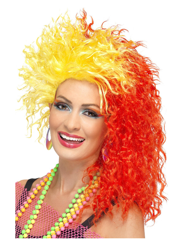 80s Fun Girl Crimp Wig, Red & Yellow