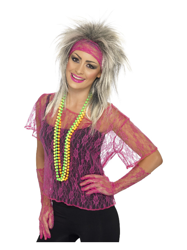 Lace Net Vest, Gloves & Headband, Neon Pink