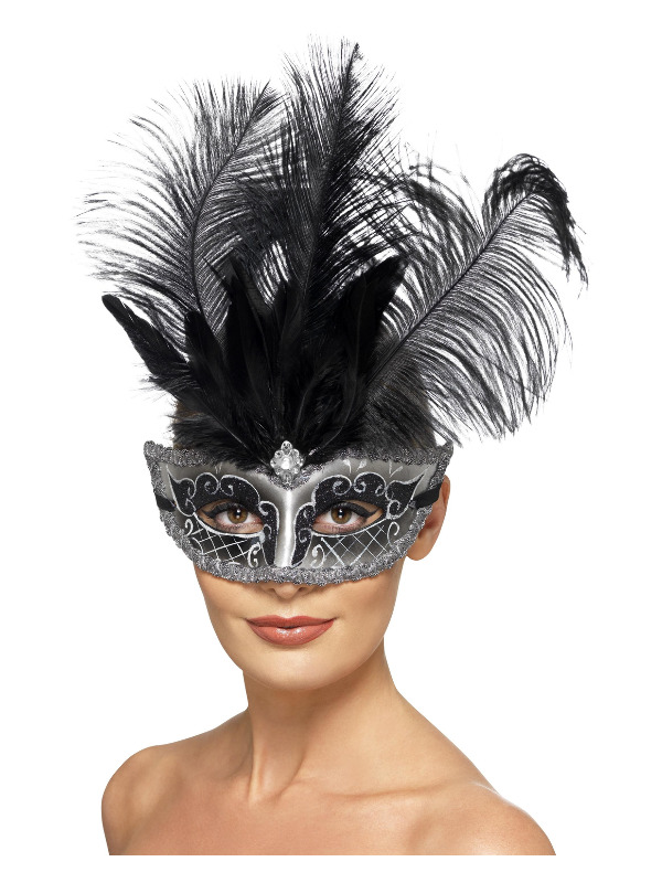 Venetian Colombina Eyemask, Grey, with Black Plumes