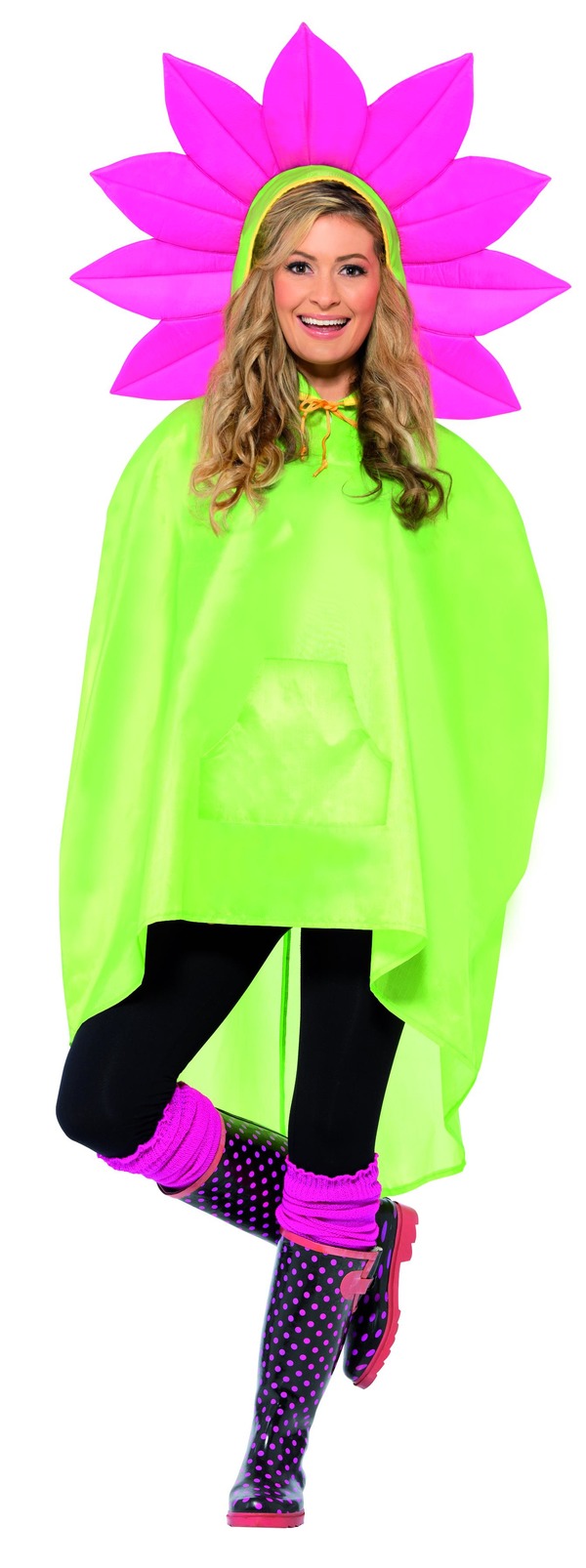 Flower Party Poncho, Green, with Drawstring Bag