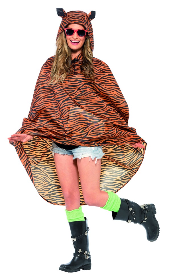 Tiger Party Poncho, Tiger Print, with Drawstring Bag