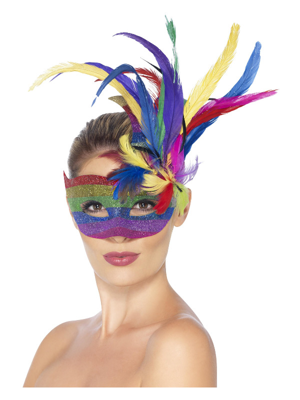 Carnival Eyemask, Rainbow, with Feathers