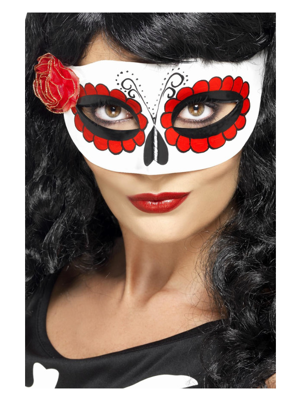 Mexican Day Of The Dead Eyemask, White & Red, with Rose