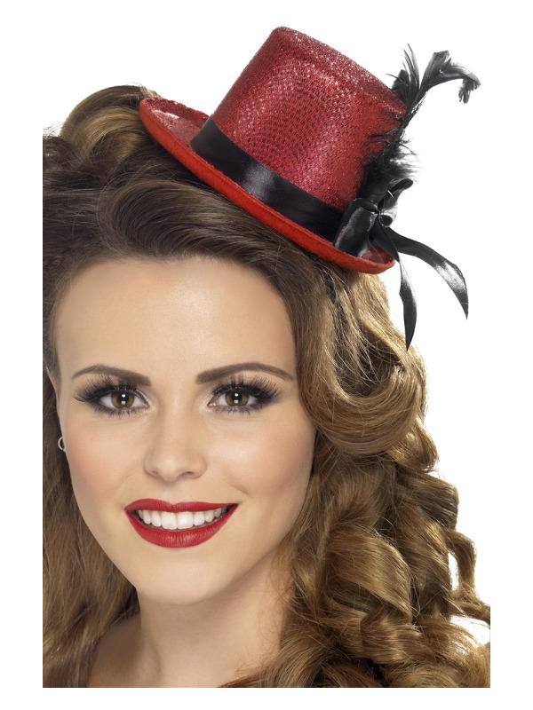 Mini Tophat, Red, with Black Ribbon and Feather