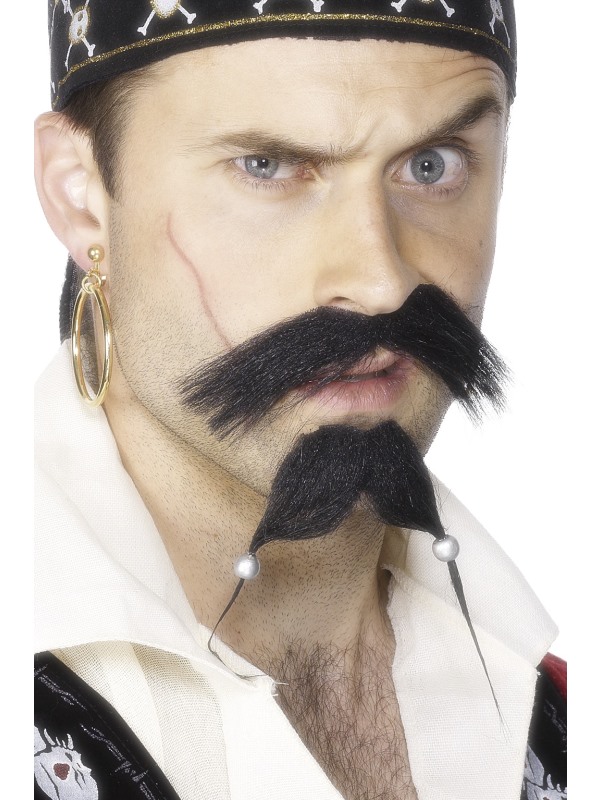 Pirate Tash and Beard Set, Black, with Beads