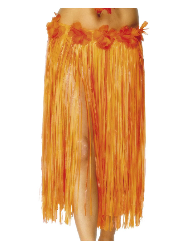 Hawaiian Hula Skirt, Orange, with Flowers & Velcro Fastening, 75cm/29 inches