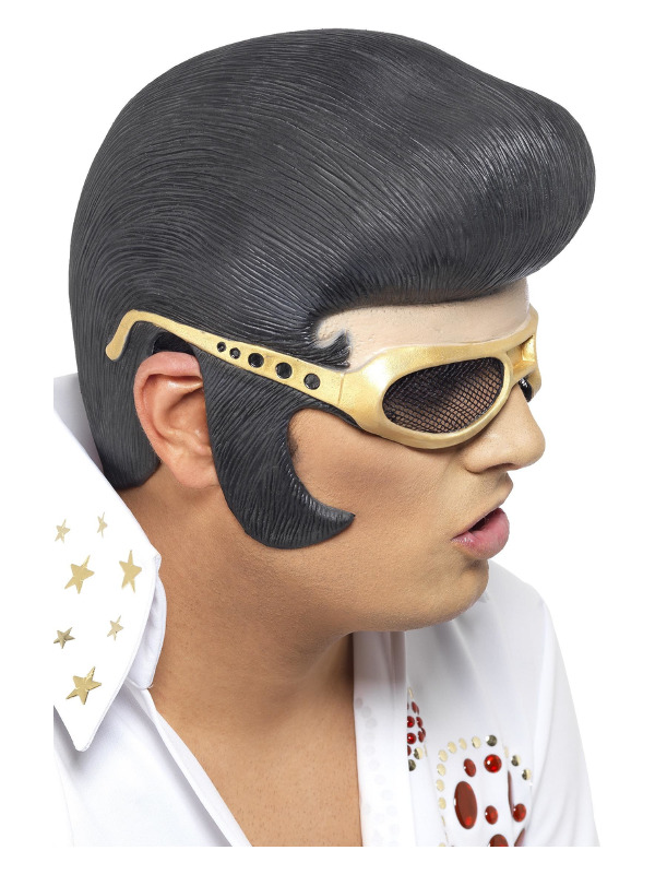 Elvis Headpiece, Black, with Hair & Gold Shades