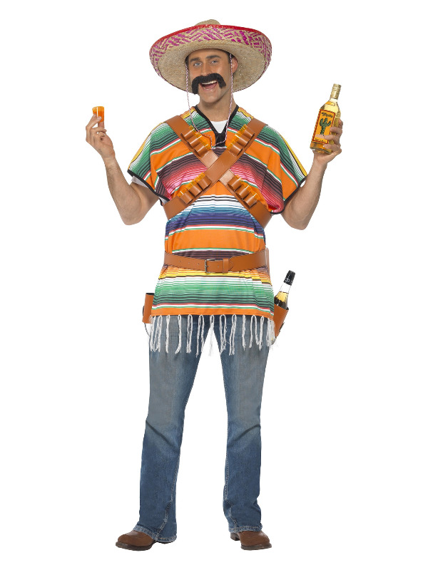 Tequila Shooter Guy Costume, Orange & Green, with Poncho, Belt & Bandolier
