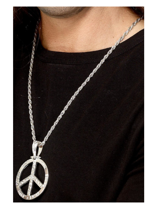 '60s Peace Sign Hippie Medallion, Silver, with 44cm Chain